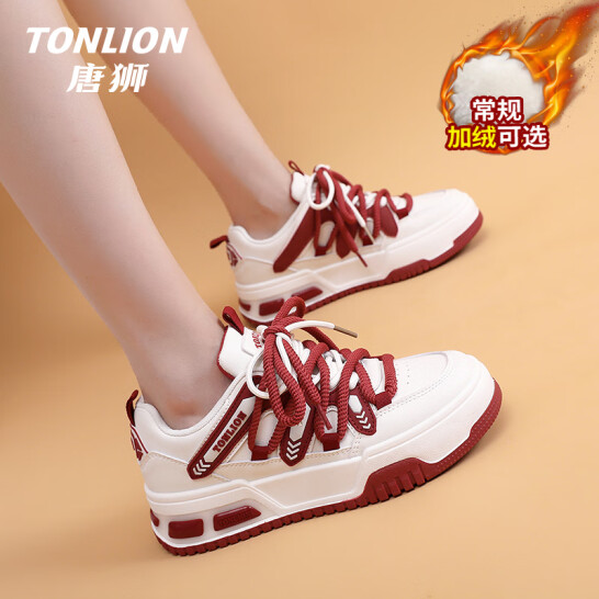 唐狮（TonLion）女鞋秋冬季2024鞋子女厚底板鞋女士休闲老爹鞋女运动潮鞋 白红37